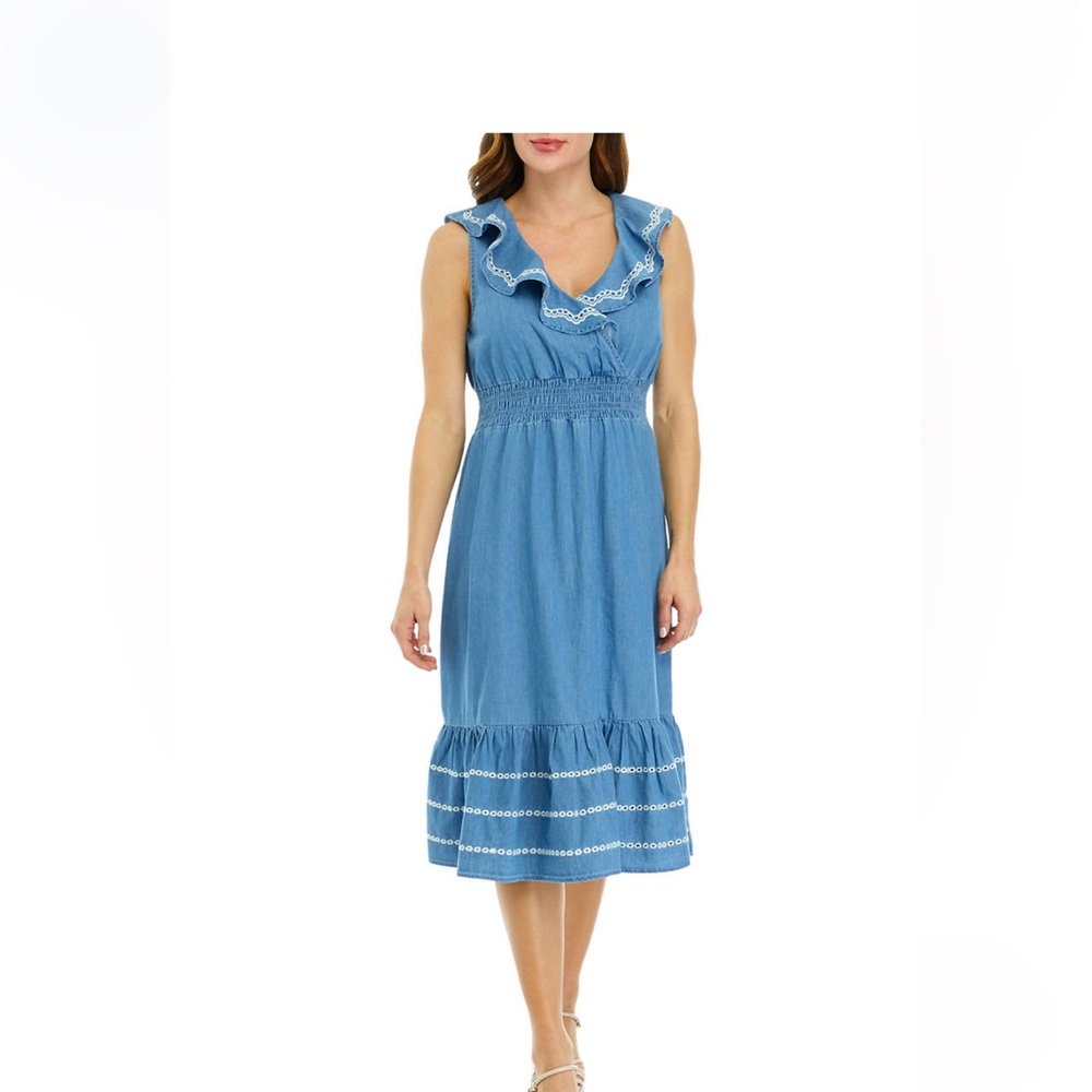 Blue Ruffled Dress with White Trim. Cupio size medium new with tags!